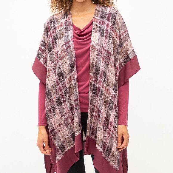 MYSTREE Burgundy Plaid Kimono Cardigan, Open Front Lightweight Layering Wrap - Picture 1 of 7